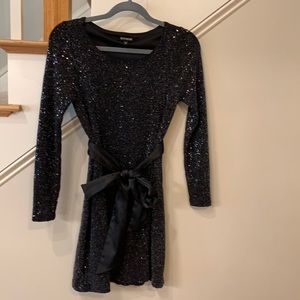 Black and silver sequined long sleeve dress with black satin tie Size XS